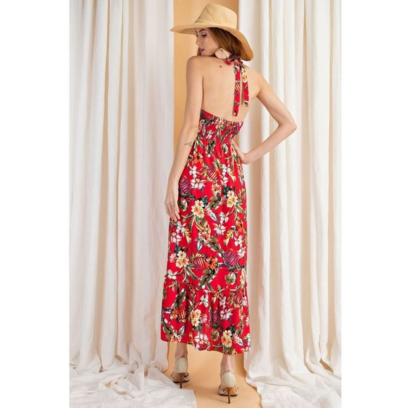 Red Floral Maxi Halter Dress Hi-Lo Open Back Summer Maxi - Ruffle Hem - By Easel - Picture 5 of 9